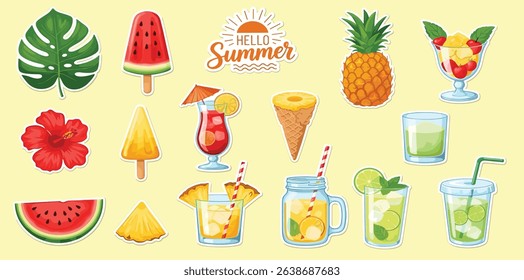 Big set of Summer stickers: fruits, drinks, ice-cream, leaves. Patches, badges, pins. Bright summertime collection. Scrapbooking collection for beach party, cafe, menu. Isolated on white