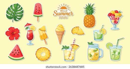 Big set of Summer stickers: fruits, drinks, ice-cream, leaves. Patches, badges, pins. Bright summertime collection. Scrapbooking collection for beach party, cafe, menu. Isolated on white