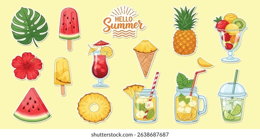 Big set of Summer stickers: fruits, drinks, ice-cream, leaves. Patches, badges, pins. Bright summertime collection. Scrapbooking collection for beach party, cafe, menu. Isolated on white