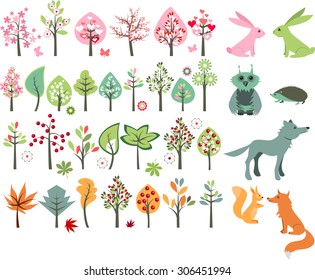 Big set with summer trees and forest animals - wolf,fox,hedgehog,squirrel.