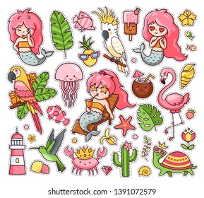 Big set of summer tropical stickers with kawaii mermaids, cockatoo, macaw, flamingo, parrot, hummingbird, crab, turtle, jellyfish. Collection of vector illustration for print, postcard, card, pins.