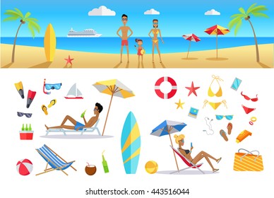 Big set summer vacation items in flat design. Leisure with family on tropical sunny beach with palm trees vector illustration. Variety of things for entertainment on beach and water in flat design.