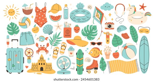 Big set of summer vacation stickers. Summer sport, leisure, food, clothes, objects. Vector illustration in flat style