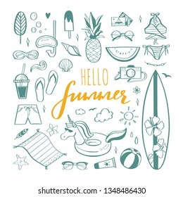 Big set of Summer vector design doodle elements. Beach collection, tropical fruits, swimsuit, surfing. Hand drawn isolated sketches on white background. Summer handwritten calligraphy