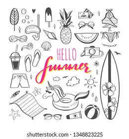 Big set of Summer vector design doodle elements. Beach collection, tropical fruits, swimsuit, surfing. Hand drawn isolated sketches on white background. Summer handwritten calligraphy