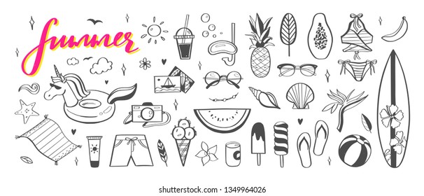 Big set of Summer vector design doodle elements. Beach collection, tropical fruits, swimsuit, surfing. Hand drawn isolated sketches on white background. Summer handwritten calligraphy