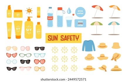 Gran conjunto de Elementos de diseño de Vector de sol y playa aislados sobre fondo blanco. Clip de dibujos animados planos de varios protectores solares diferentes, sombreros, gafas de sol, sombrillas de playa, botellas de agua y spf