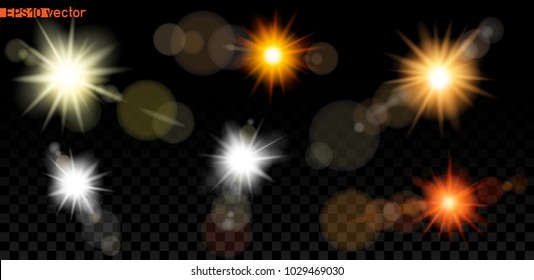 Big set of sun or lamp bokeh light lens template on dark transparent background. Easy to edit lensflare luminosity. Put shiny sunbeam rays lights on photo, make beautiful flash brightness