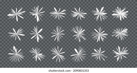 Big set of sun rays flowers and starbursts. Abstract white beam glow explosion and shine halo effect sunshine isolated on transparent background. Vector illustration