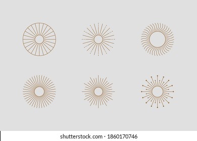 Big set of Sun shapes and Sunburst in minimal trendy style. Vector Icon, logo, labels, badges isolated. Boho illustration for t-shirts print, wall art, cards.