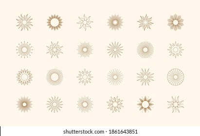 Big set of Sun shapes and Sunburst in minimal trendy style. Vector Icon, logo, labels, badges isolated. Boho illustration for t-shirts print, wall art, creating patterns