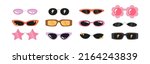 Big set with sunglasses. Different shapes and styles - for parties or casual occasions. Lifestyle and fashion.
Hand drawn illustration in trendy colors. Isolated on white background.
