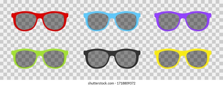 Gran conjunto de gafas de sol presentadas en diferentes colores. Gafas de sol sobre un fondo transparente. Ilustración vectorial.