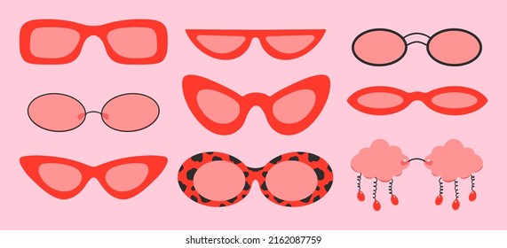 Big set of sunglasses. Retro framed sunglasses, vintage fashion. Flat design, cartoon hand drawn, vector illustration. Template for printing.