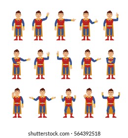 Big set of superhero characters showing different hand gestures. Cheerful superhuman showing thumb up, this way, pointing, greeting, victory sign and other hand gestures. Simple vector illustration