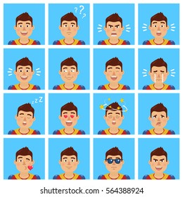 Big set of superhero emoticons. Superhero avatars showing different facial expressions. Happy, sad, smile, laugh, surprised, serious, dizzy, in love and other emotions. Simple vector illustration