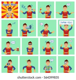 Big set of superhero emoticons showing different actions, gestures, emotions. Cheerful superhuman singing, sleeping, holding loudspeaker, banner and doing other actions. Simple vector illustration
