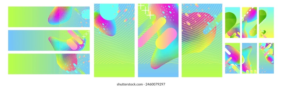 Big set surfaces coverings backgrounds New bright juicy summer abstract fluid creative banner, trendy bright neon colors with dynamic lines