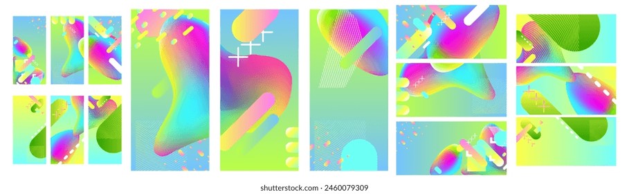 Big set surfaces coverings backgrounds New bright juicy summer abstract fluid creative banner, trendy bright neon colors with dynamic lines