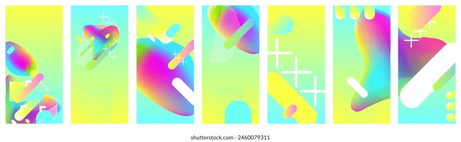 Big set surfaces coverings backgrounds New bright juicy summer abstract fluid creative banner, trendy bright neon colors with dynamic lines