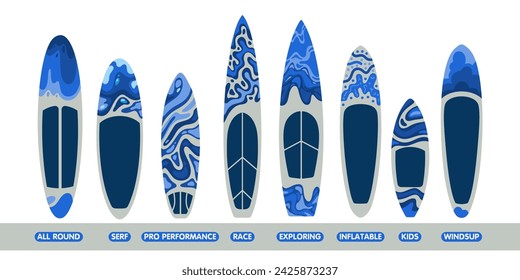 Big set surfboards types. Surfboard icons.