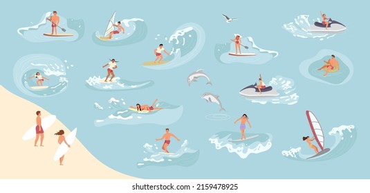 Big set of surfers ride the barrel rushing waves. Bundle of surfing waves with splashes isolated on white background. Flat Art Vector illustration