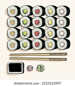 big set sushi different types of maki delicious food asian japanees restaurant dish draw linear illustration isolated on white background