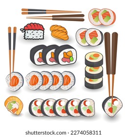 Big Set Of Sushi Illustrations Asian Food Set, Creative Design, And Clip Art. Premium Hi-Quality Creative Minimal Unique Food Style Illustration With Clip Art.