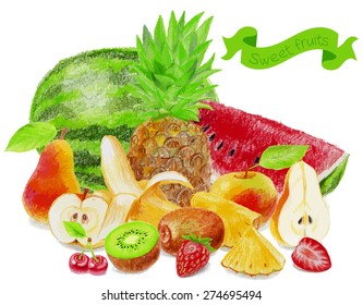 Big set of the sweet fruits. Color pencils illustration.