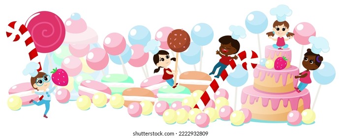 Big set of sweets and children on a white background. Huge cake, lollipop, macaron, candy pop and cheerful happy group of international boys and girls in cartoon style.