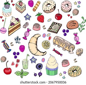 Big set with sweets. Cupcakes vector illustrations for a website, bakery, menu.
