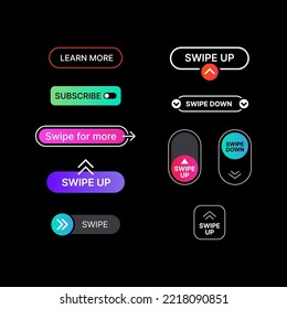 Big Set of Swipe Up, Swipe Down, Swipe for More, Learn More, Subscribe Illustrations. Social Media UI Concept in Minimalistic Colorful Design on Black Background. Web Element for Mobile Applications