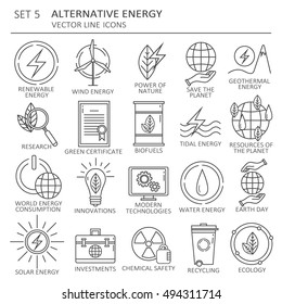 Big set of symbols of alternative energy and renewable energy sources. Modern thin flat line icons design. Vector background with black and white elements.Illustration with eco clean green energy icon