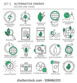 Big set of symbols of alternative energy and renewable energy sources. Modern thin flat line icons design. Vector background with black and white elements.Illustration with eco clean green energy icon