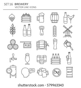 Big set symbols of brewery. Modern flat thin line icons design. Vector background with black and white signs and elements, logo. Illustration with beer icon collection