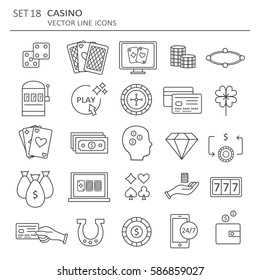 Big set of symbols of casino. Modern thin line icons, flat style. Vector background with black and white elements collection, logo. Design illustration with game icon