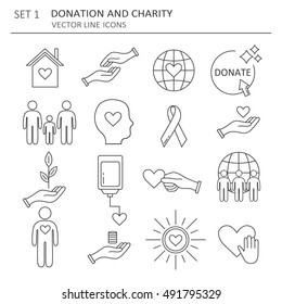 Big Set Of Symbols Of Charity, Aid And Donations. Modern Flat Thin Line Icons Collection. Vector Background With Sketch Objects. Black And White Elements. Illustration With Social Work And Social Care