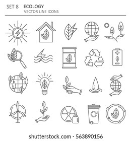 Big set of symbols of ecology and  alternative energy. Modern thin flat line icons design. Vector background with black and white elements.Illustration with eco clean green energy icon