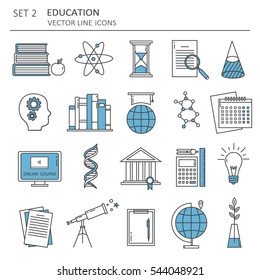 Big set of symbols of education and science. Modern thin line icons collection, flat style. Vector background with black, white and blue elements. Illustration with knowledge icon, logo design