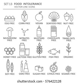 Big set of symbols of food intolerance. Modern flat line icons design. Vector background with black and white elements collection, logo. Illustration with foods icon