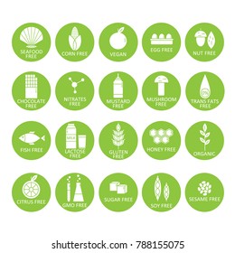 Big set of symbols of food intolerance. Modern flat line icons design. Vector background with green and white elements collection, logo. Illustration with foods icon. Common allergens, infographic