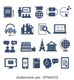 Big set of symbols of learning a foreign language. Modern thin line icons collection, flat style. Vector background, navy blue and white elements. Illustration with knowledge icon, teaching methods
