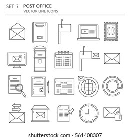 Big set of symbols of post office. Modern thin line icons collection, flat style. Vector background with black and white elements group. Illustration with mail icon, logo design