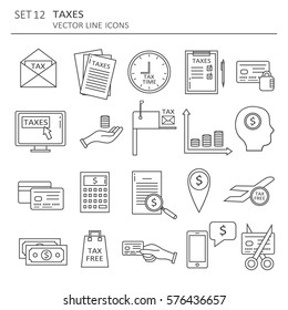 Big set of symbols of tax payment. Modern flat line icons design. Vector background with black and white elements collection, logo.Illustration with business icon, finance icon