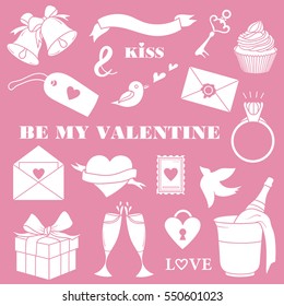 Big set of symbols of Valentine's day. Modern icons collection, flat style. Vector background with white and pink elements. Illustration with romantic icons, logo design