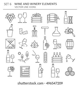 Big set symbols of wine and wine making. Modern flat thin line icons design. Vector background with black and white elements, logo. Illustration with winery elements and wine icon collection