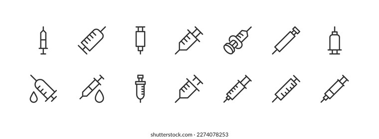 Big set of syringe line icons. Vector illustration isolated on a white background. Premium quality symbols. Stroke vector icons for concept or web graphics. Simple thin line signs.