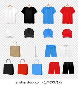 Big Set T shirt And Baseball Cap On Transparent Background With Gradient Mesh, Vector Illustration