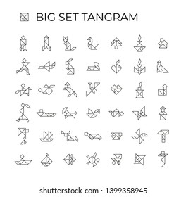 Big set
tangram Linear illustration on a white background. 42 isolated icons. Tangram children brain game cutting transformation puzzle vector set.