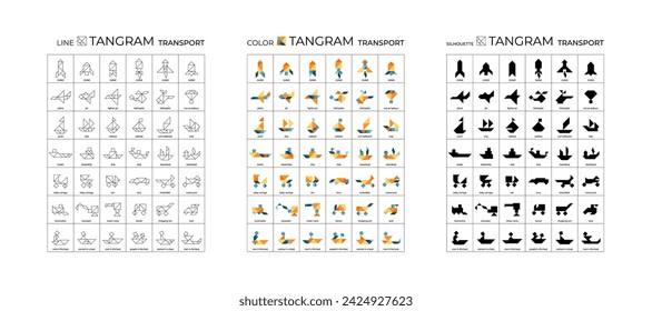 Großes Set von Tangram-Puzzle für Kinder. Sammlung von Transportmitteln. Abbildungen von Linien, Farben und Silhouetten. Isolierte Symbole auf weißem Hintergrund. Spiel für Gehirnentwicklung. Stockvektordarstellung.